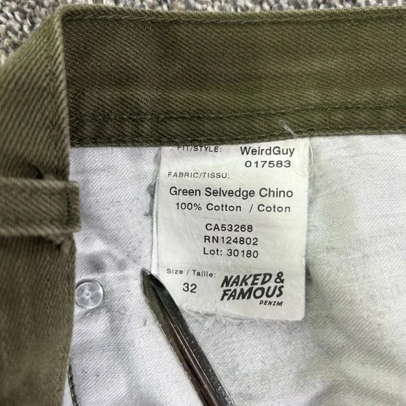 Naked & Famous Weird Guy Green Selvedge Chino Denim Jeans Mens 32 Button Fly